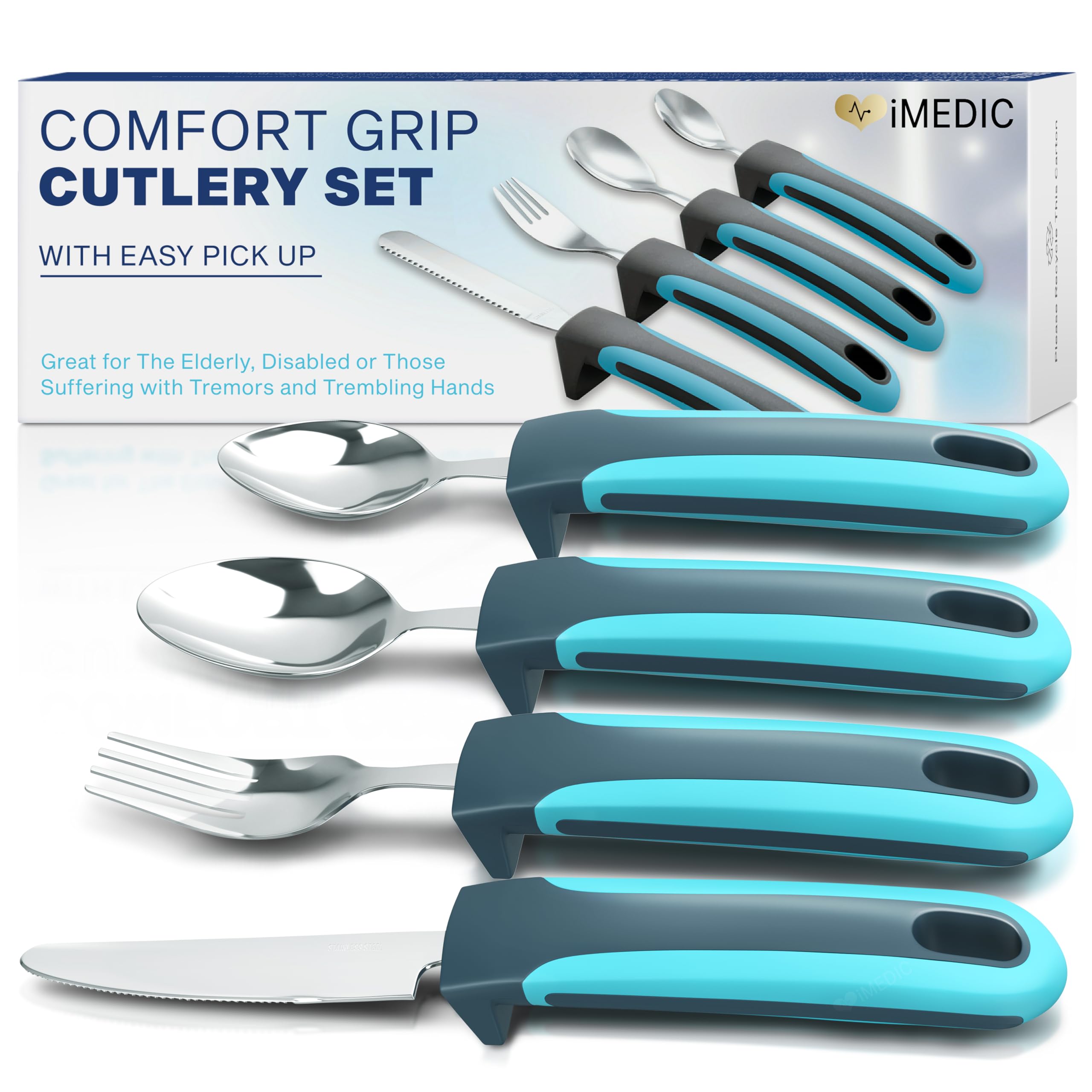 iMedic Easy Grip Cutlery for Arthritic Hands Blue/Grey (1 Pack) – Adaptive Utensils Designed to Support Disabled Adults – Weighted Tableware Set – Caring Aid for Tremors, Parkinson’s
