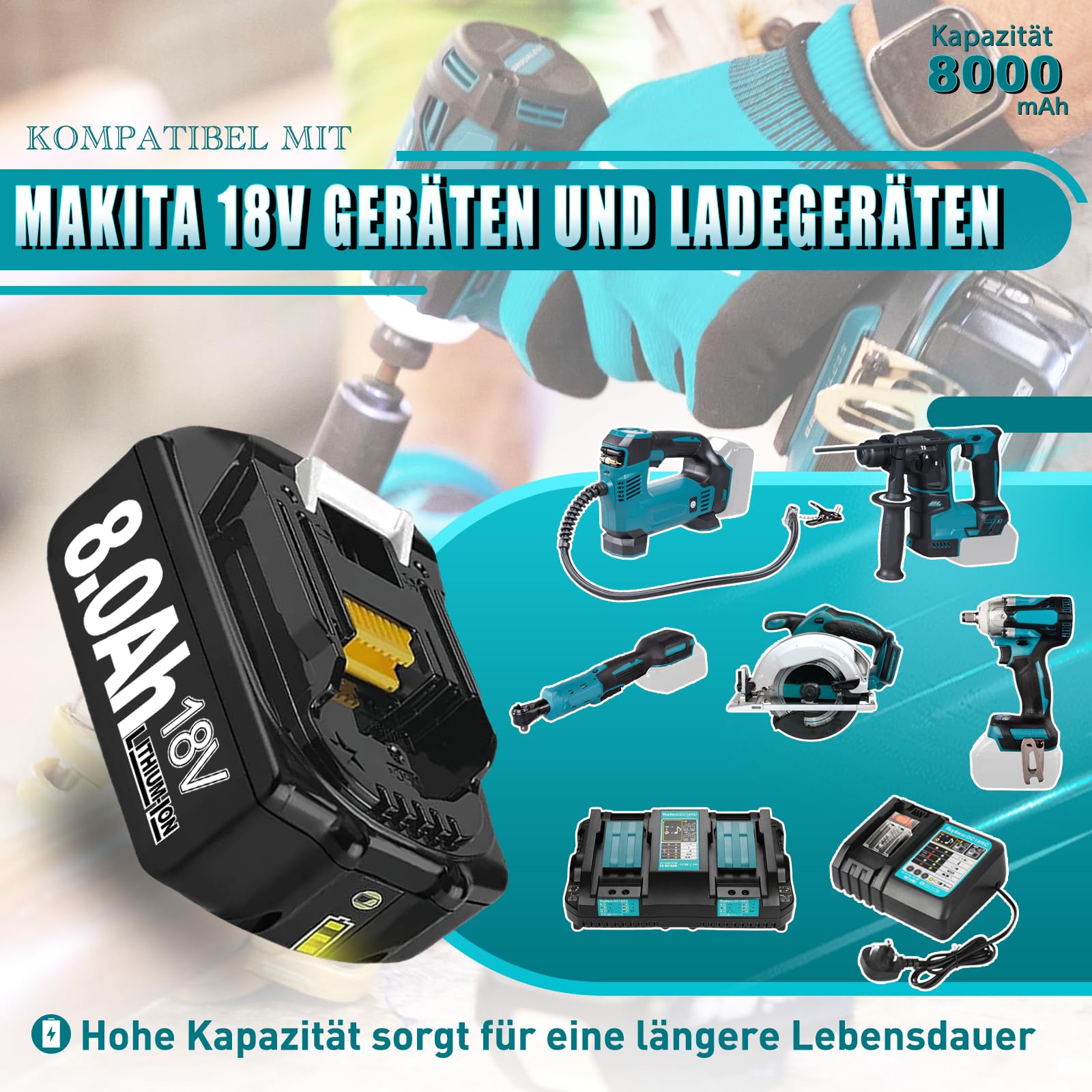 2 Stück 18V 8,0Ah Ersatzakku für Makita Akku 18V BL1860B BL1830 BL1850 BL1845 BL1840 BL1860 Li-Ion Kompatibel mit Makita Akku Elektrowerkzeugen und Ladegeräten mit LED-Anzeiger (8.0-2PACK) 6