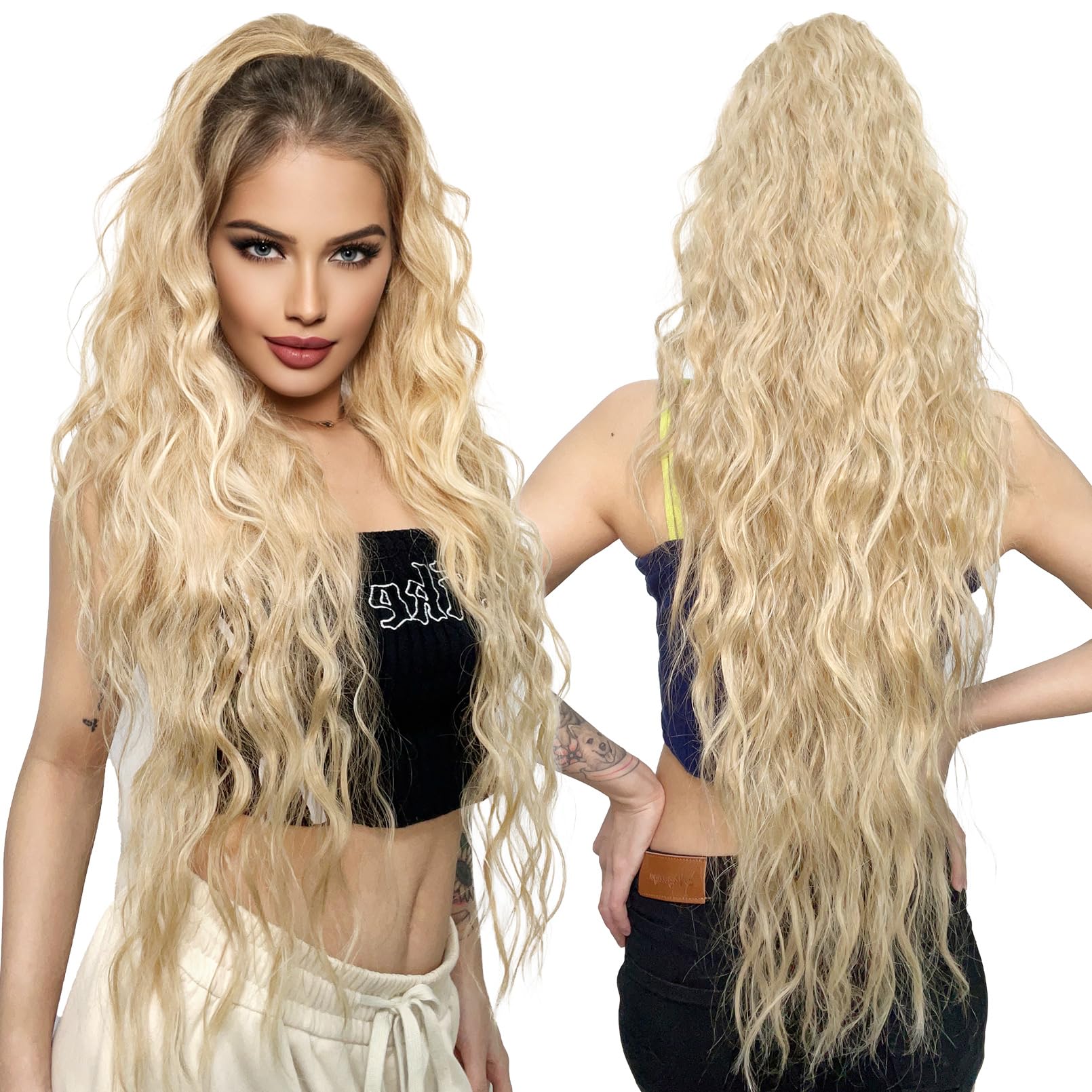 Photo 1 of LONAI Ponytail Extension, 34" Long Wavy Drawstring Ponytail Extensions, DP001 Softer Lighter 80% Japanese Import Synthetic Clip in Hair Extensions Natural Looking Hairpiece for Women-Honey Blonde