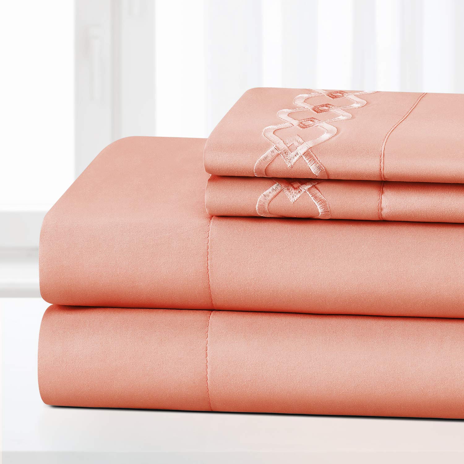 HOMEIDEAS 4 Piece Buckle Embroidered Edge Bed Sheets Set Extra Soft Brushed Microfiber 1800 Bedding Sheets Deep Pocket, Wrinkle & Fade Free (King, Coral)