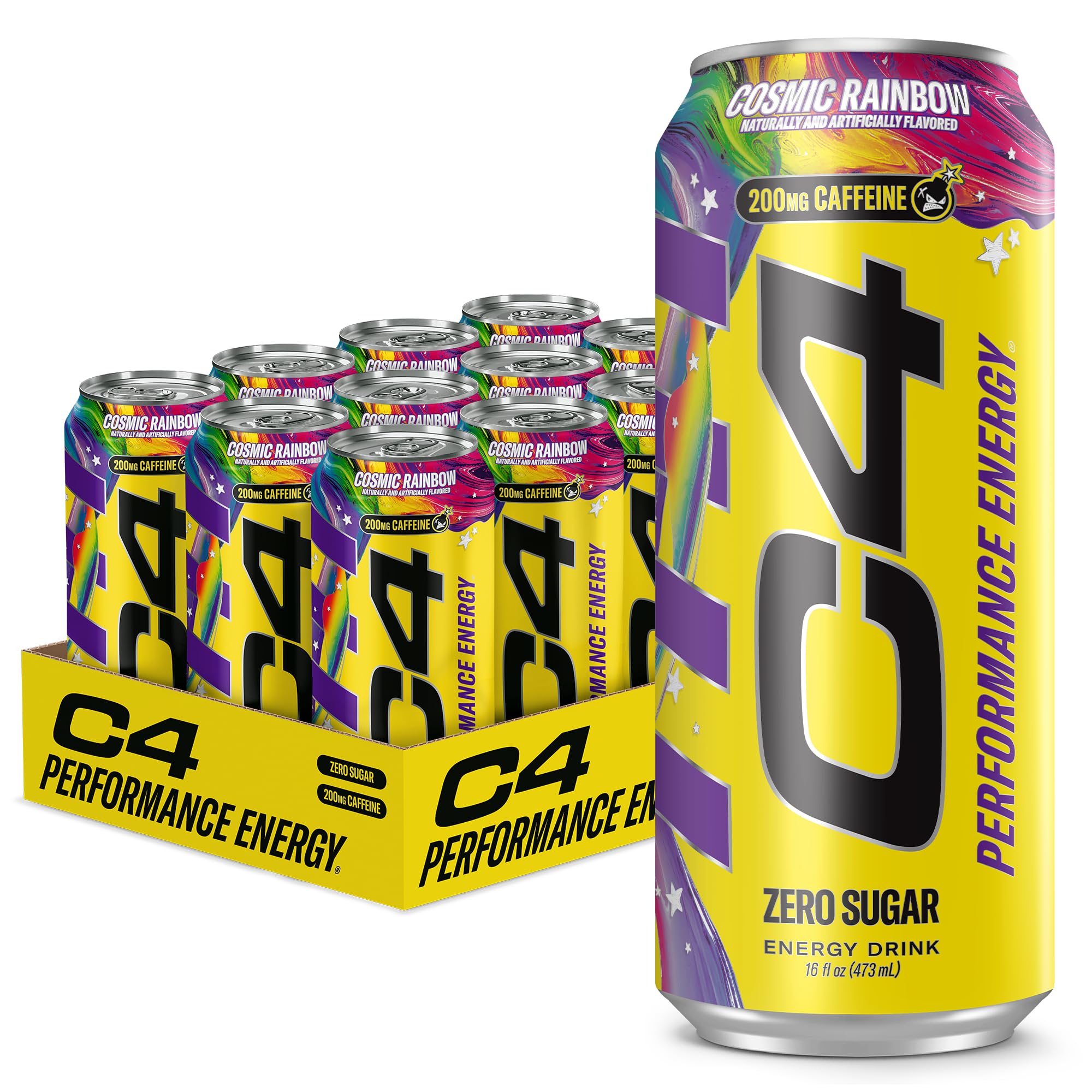 C4 Performance Energy Drink with Zero Sugar, Cosmic Rainbow, 12pk