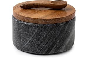 Cork & Mill Grey Marble Salt Cellar with Acacia Wood Lid and Spoon - Elegant Modern Salt Container for Countertop - Handcraft