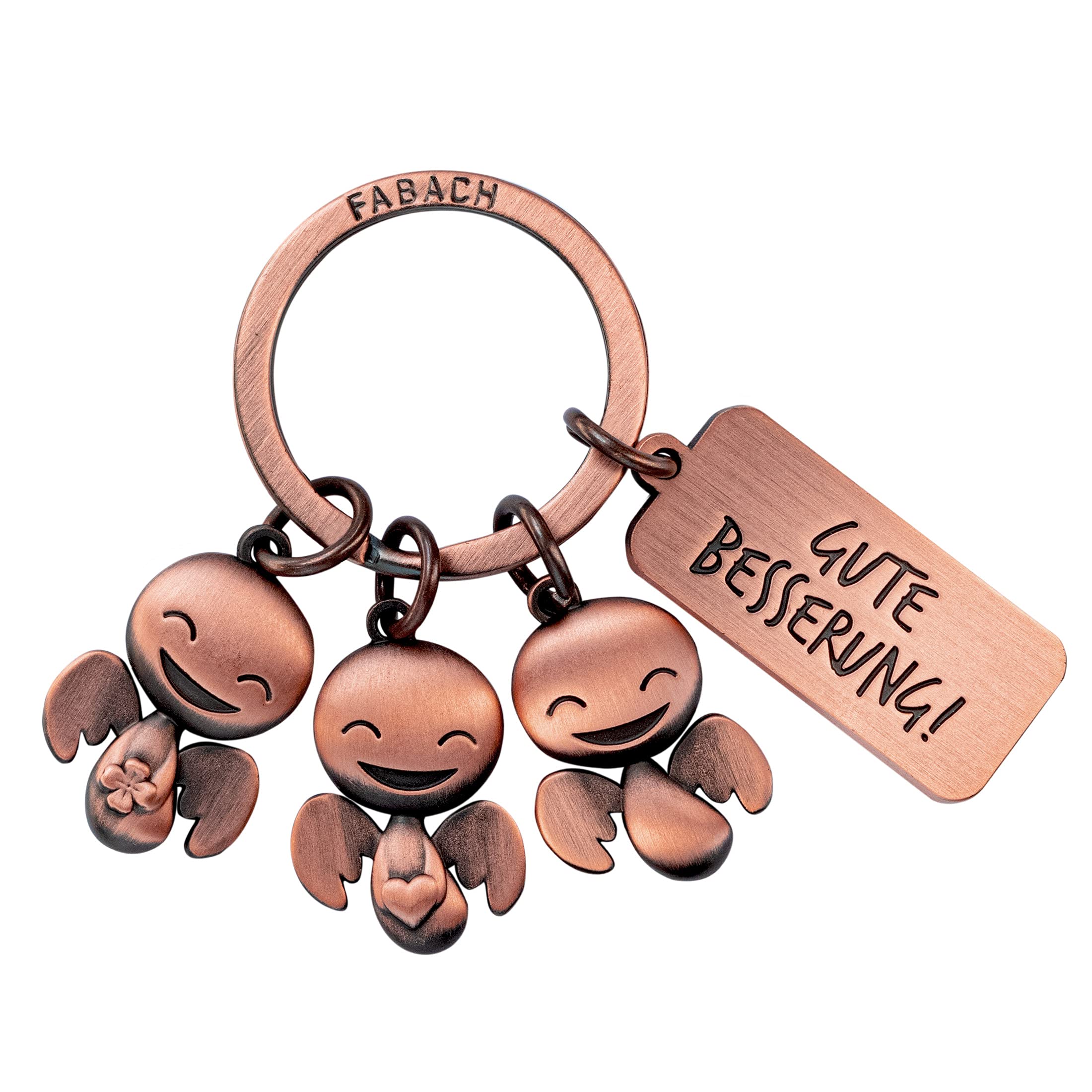 FABACH Guardian Angel Keyring Happy Trio with Engraving Gute Wellern - Get Well Soon Keyring Good Luck for Operation - Disease Gift Surgery Lucky Charm Hospital, Antique rose gold., One Size