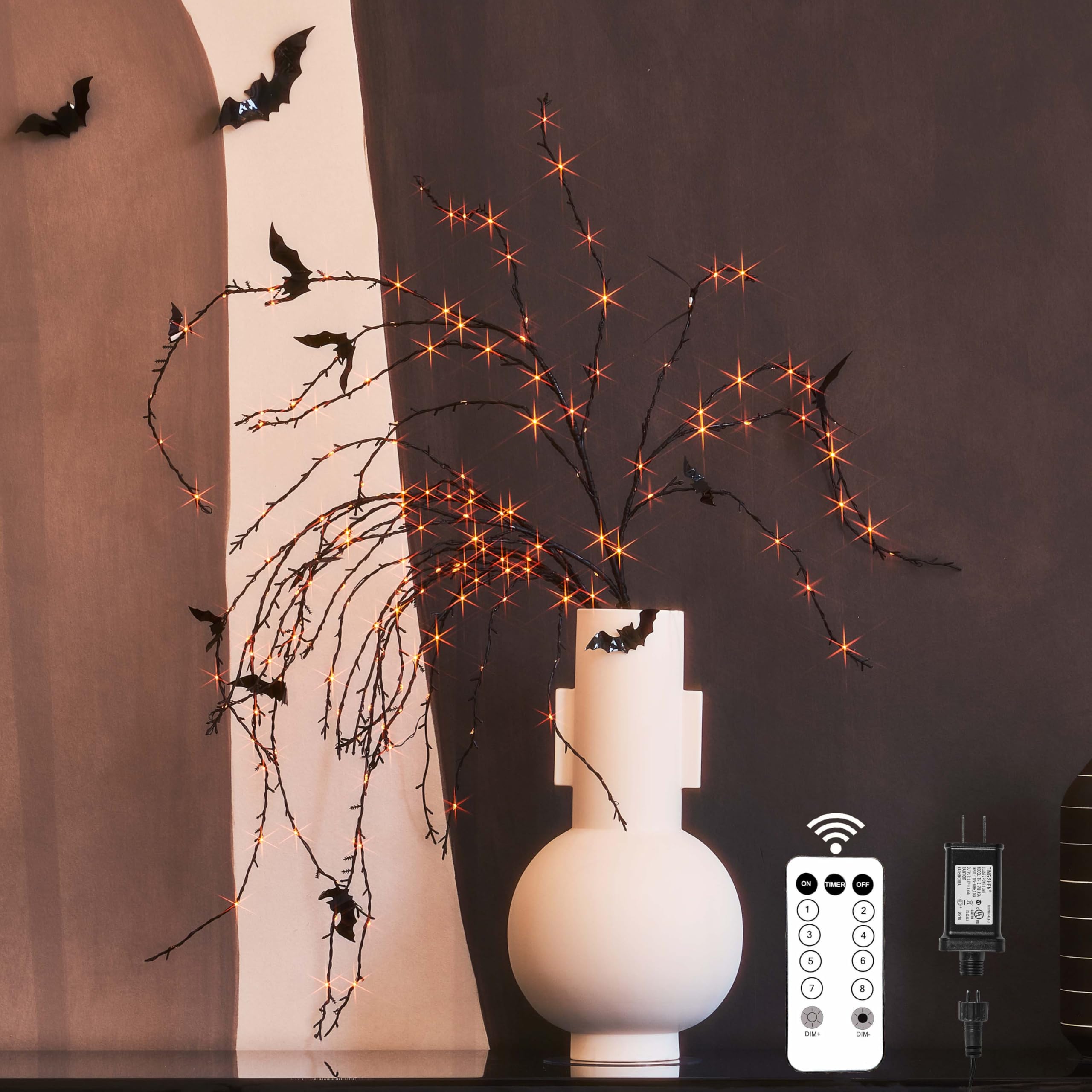 Photo 1 of LITBLOOM Halloween Tree Branches with Lights 43IN 180 Orange and Warm White Fairy Lights, Lighted Black Weeping Willow Branches with Bats Dimmer and Timer for Home Fall Halloween Decoration