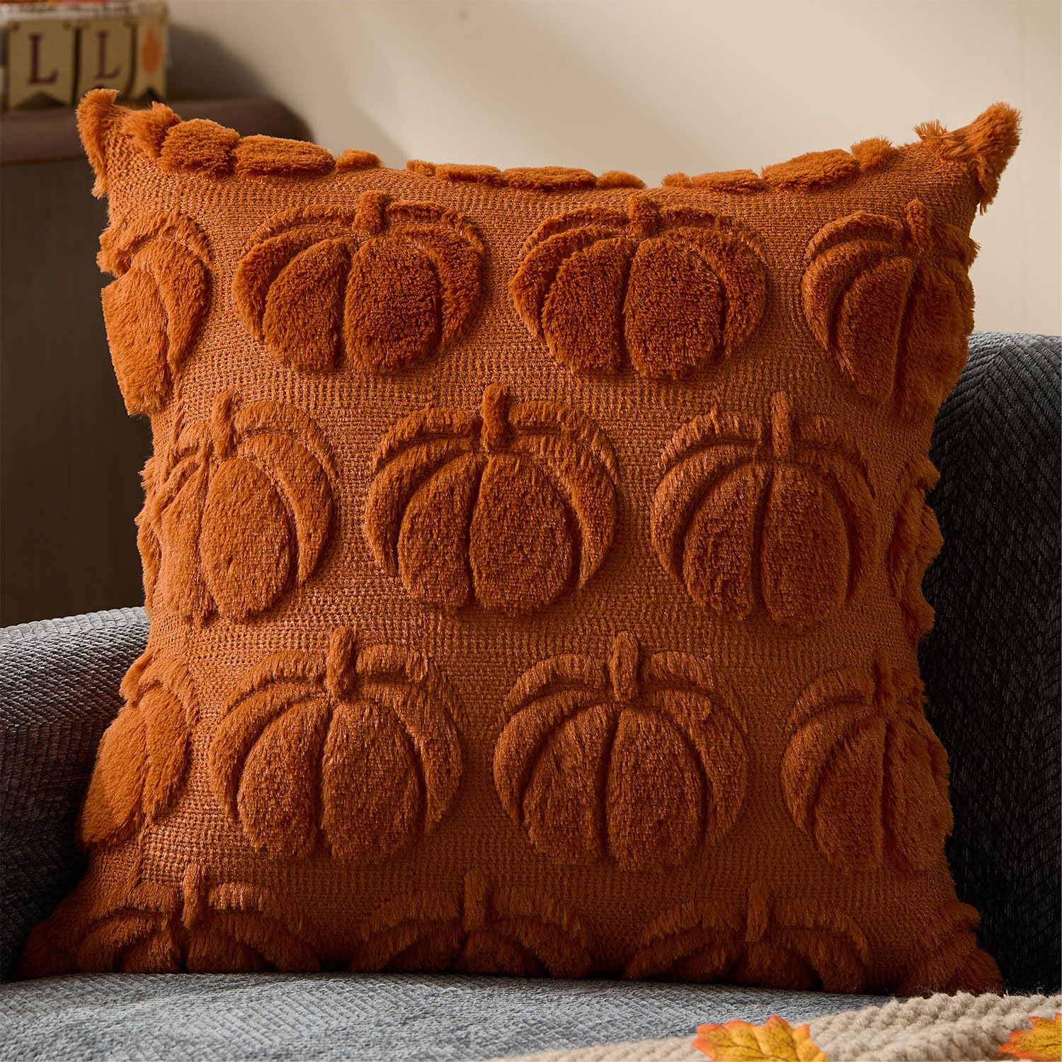 Photo 1 of DFXSZ Fall Pillow Covers 18x18 Fall Decorations Autumn Rust Big Pumpkins Decor Soft Plush Faux Fur Wool Couch Cushion Case for Chair Sofa Living Room Home Decor YZT100B18
