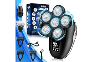 SAKIOO Head Shaver for Men, Upgrade 6-in-1 Electric Shaver Bald Head Shaver Cordless Electric Razor for Men IPX7 Waterproof Rotary Shaver Grooming Kit, Face Head Shaver with Nose Hair Sideburns Trimmer