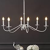 JONATHAN Y 34.75" White 6-Light Bohemian Farmhouse Iron Chandelier, Rustic Candle-Style LED Hanging Light for Dining Room Kit