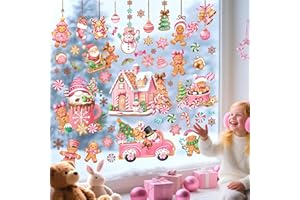 decalmile Pink Christmas Gingerbread Man Double Sided Window Clings Reusable Xmas Peppermint Candyland House Cookie Car Anti-