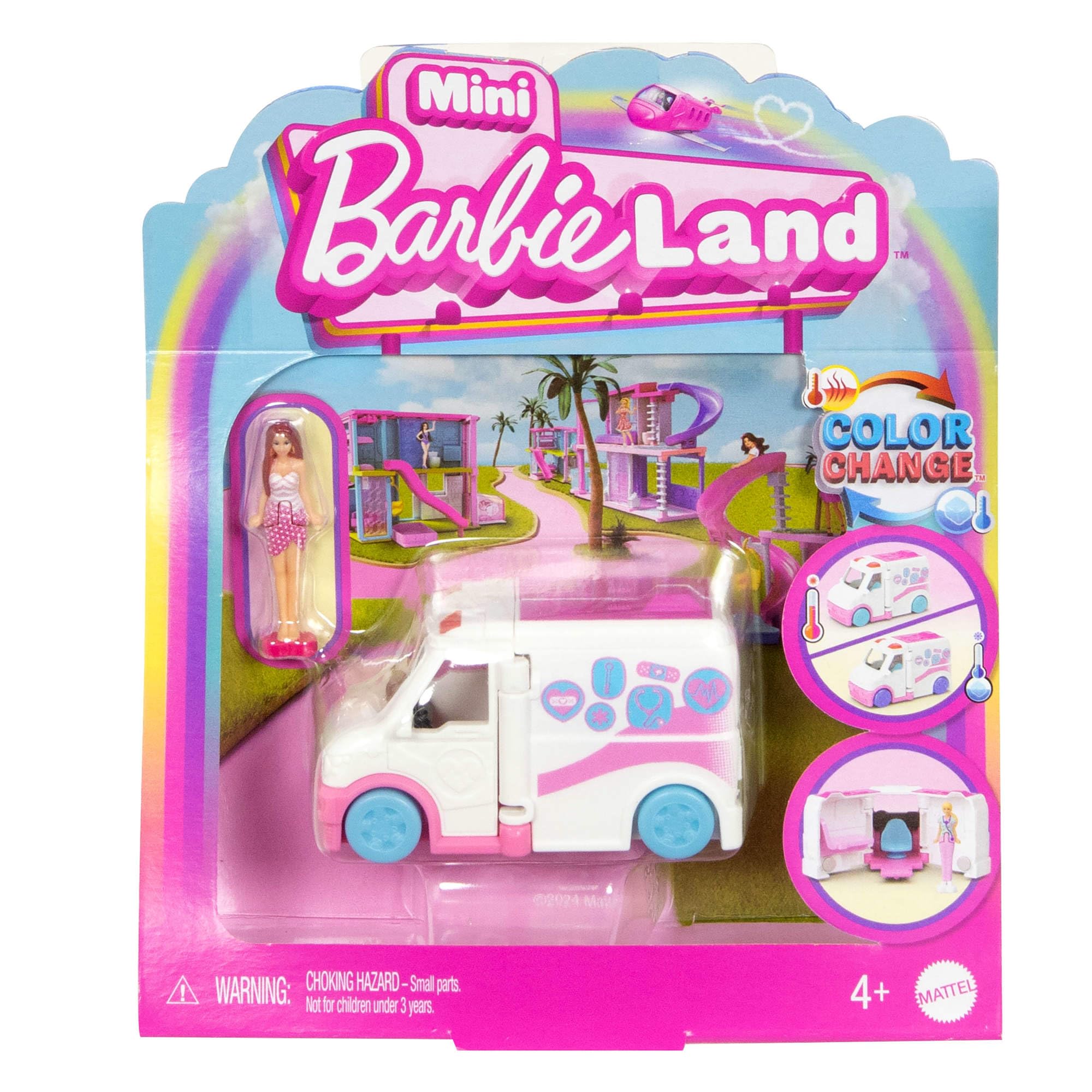 Barbie Mini BarbieLand Doll & Toy Vehicle Set with 1.5-inch Barbie Doll, Color-Change Care Clinic Vehicle & Medical Office, JCR34