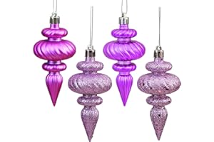 Vickerman 4" 4-Finish Finial Ornament, Shatterproof Plastic Christmas Tree Decoration, 8 Pack, Mauve Shiny, Matte, Glitter and Sequin Finishes