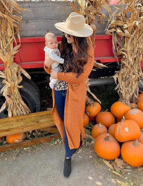 WOMENS CARDIGAN SWEATERS LONG SLEEVE LONG KNIT CARDIGAN LIGHTWEIGHT CHUNKY OPEN MAXI CARDIGAN SWEATER WITH POCKETS PUMPKIN M