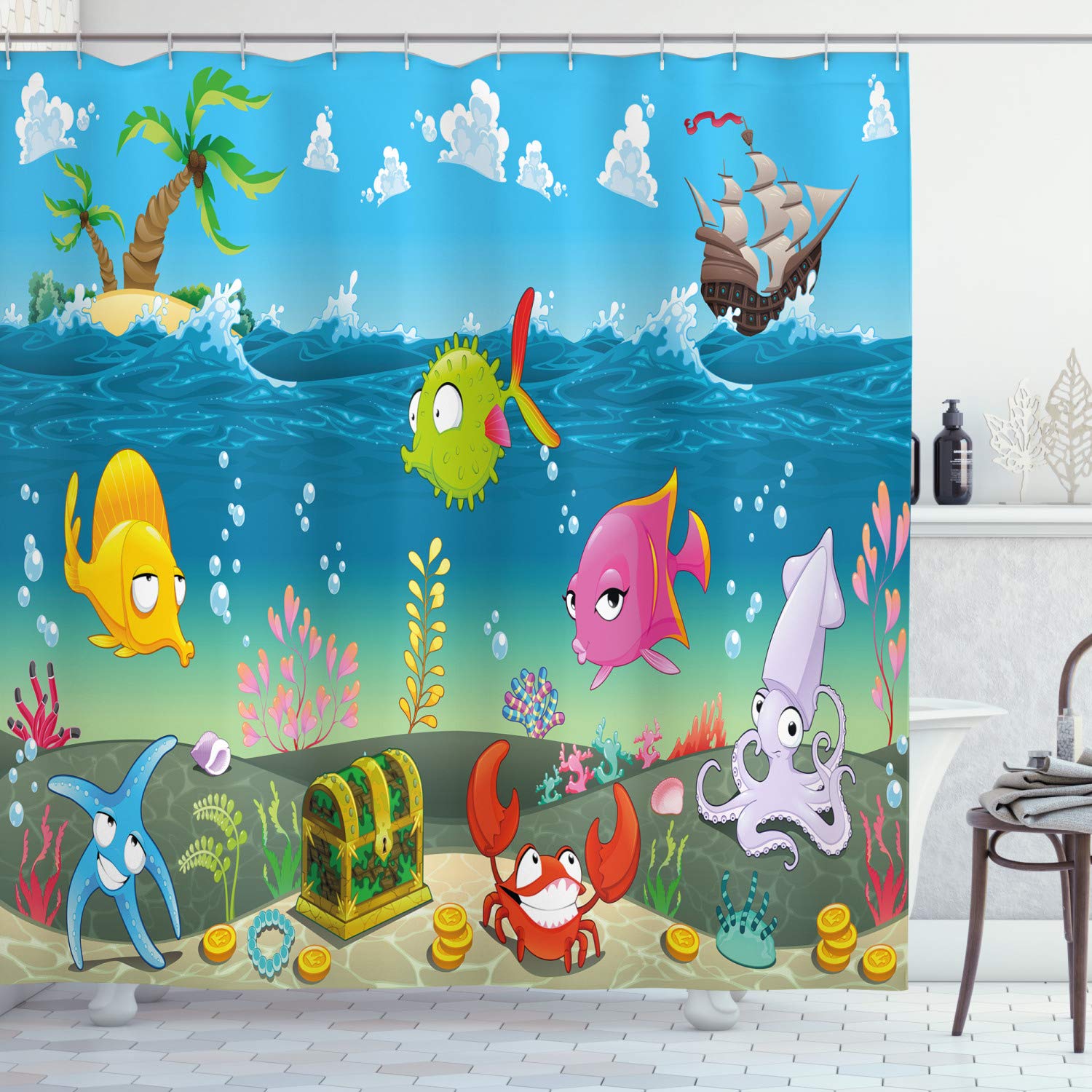 ABAKUHAUS Animal Shower Curtain, Funny Sea Animals Underwater Ocean View Sail Boat Palm Trees Cartoon Artwork, Cloth Fabric Bathroom Decor Set with Hooks, 175 x 220 cm, Aqua Pink — image 1