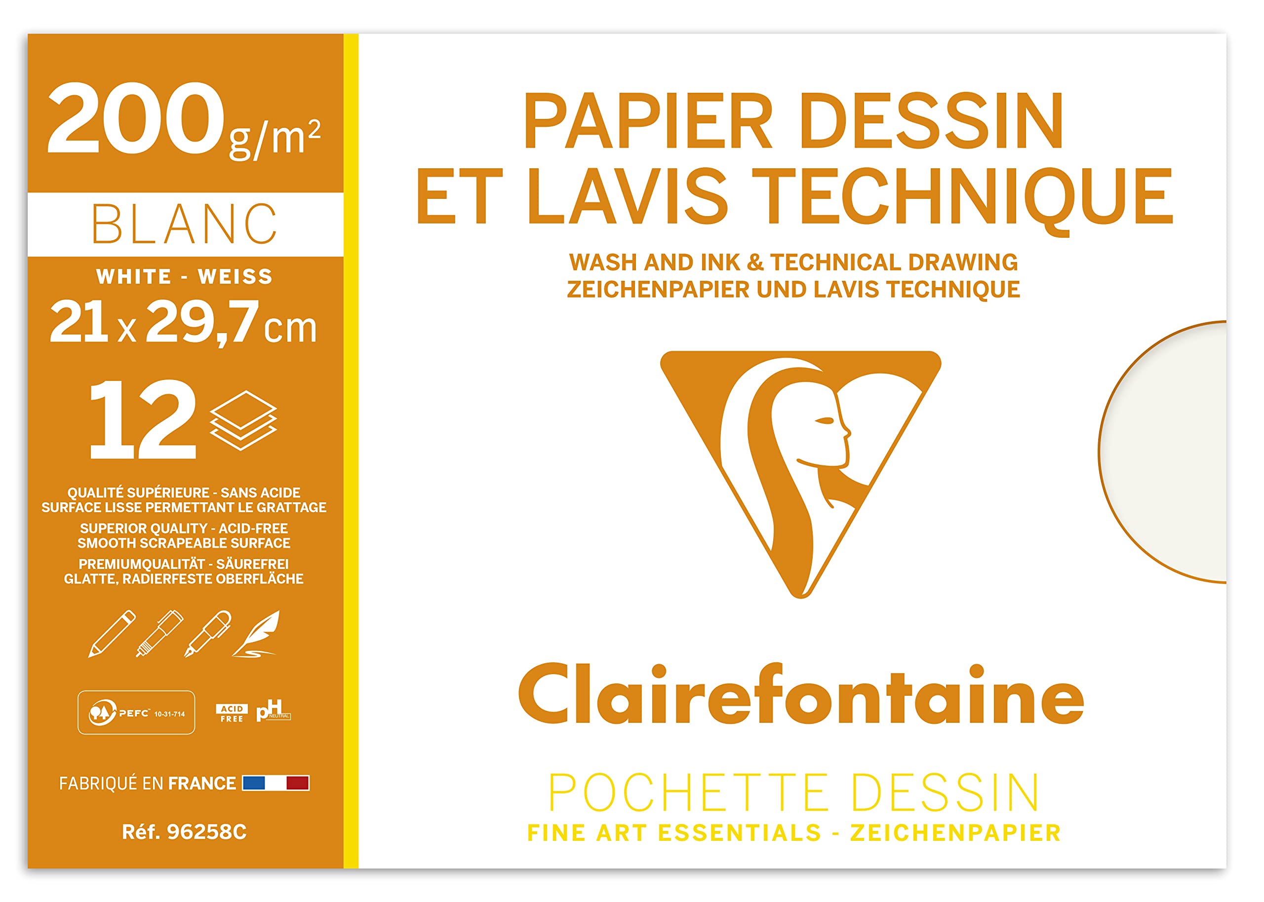 Clairefontaine - Ref 96258C - Technical Drawing Paper (Pack of 12 Sheets) - A4 (210 x 297mm) in Size, 200gsm Paper, Suitable for Light Washes, Envelope Packet