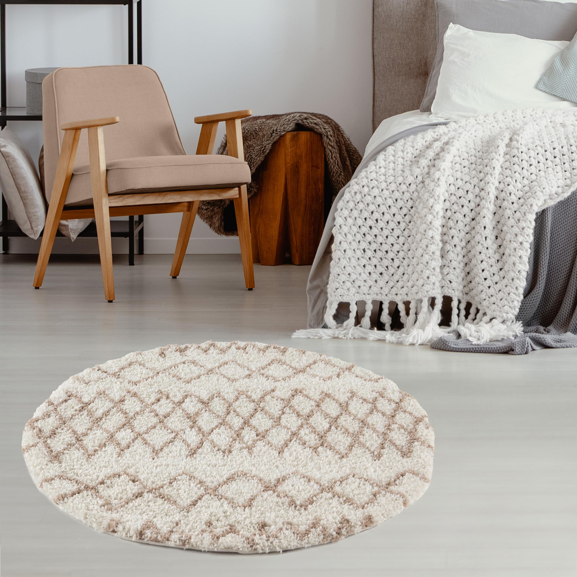 THE RUGS Modern Moroccan Design Living Room and Bedroom Rugs, Non-Shedding & Easy Care (Tangier Ivory/Beige, 120 cm Round)