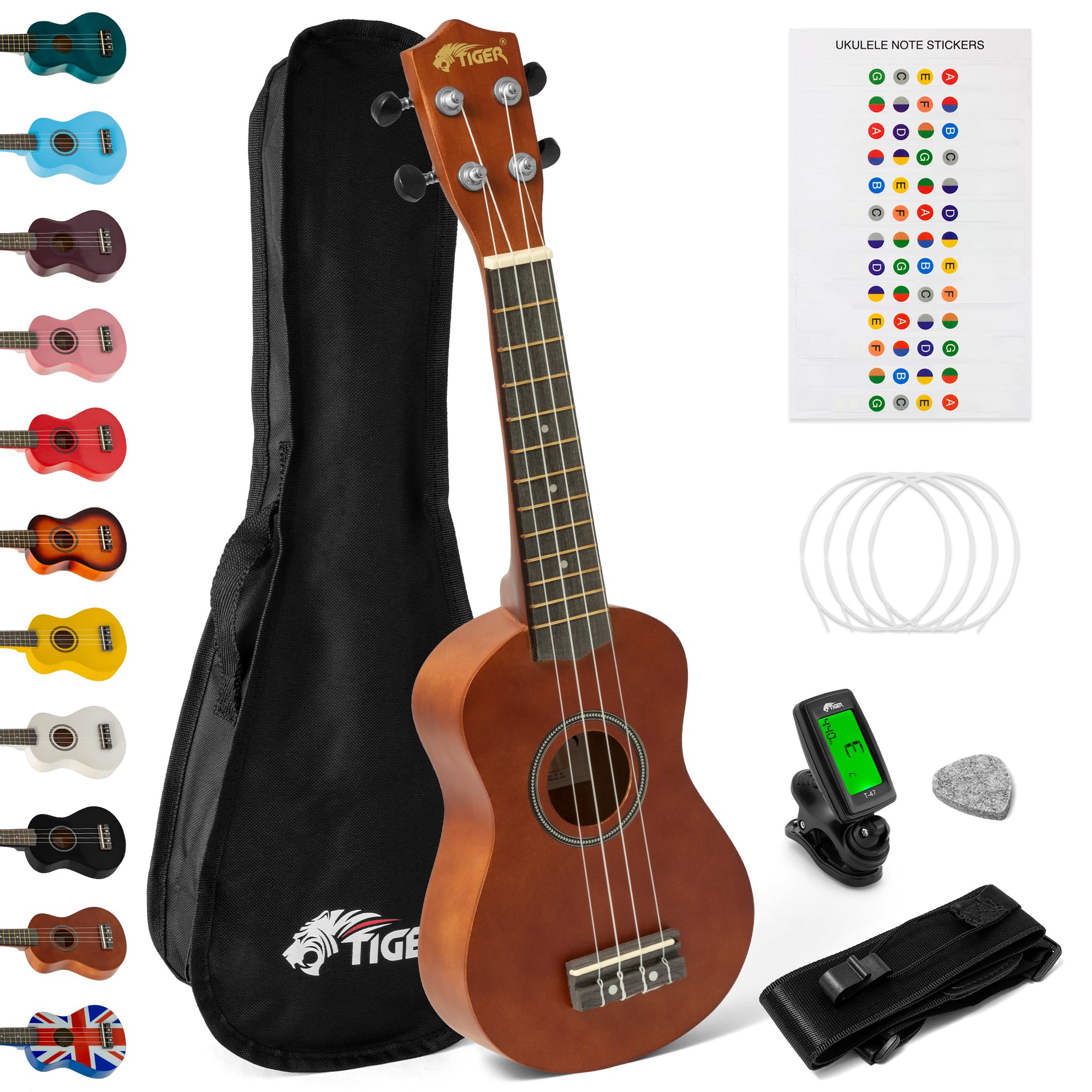 Tiger UKEKIT-NT Soprano Ukulele Kit – Suitable for Beginners and Children – Chromatic Tuner, Strap, Carry Bag, Notes Sticker, Felt Pick, Spare Strings, with Aquila Strings Fitted - Natural