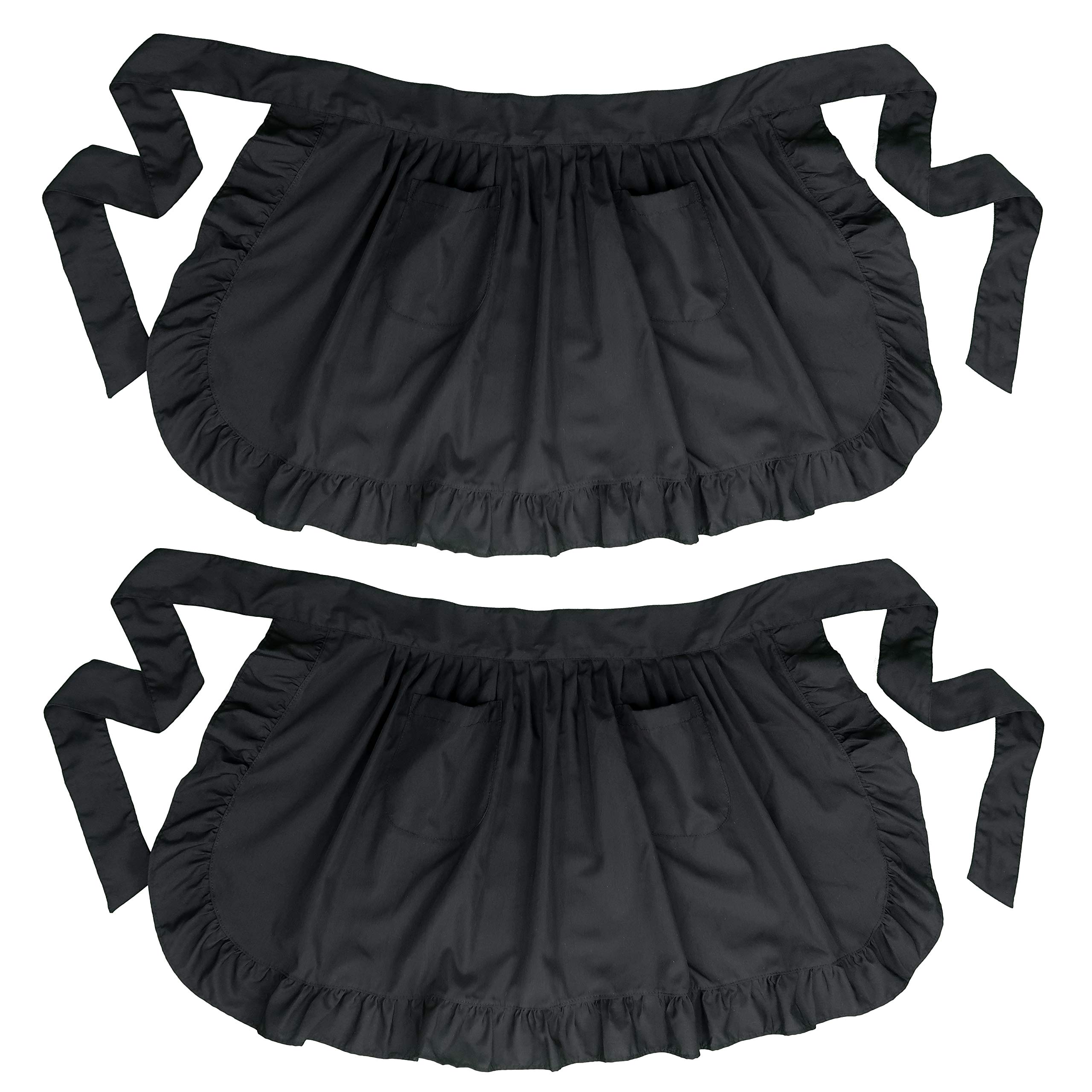LilMents Twin Pack Retro Kitchen Ruffles Half Waist Apron with Pockets (Black)