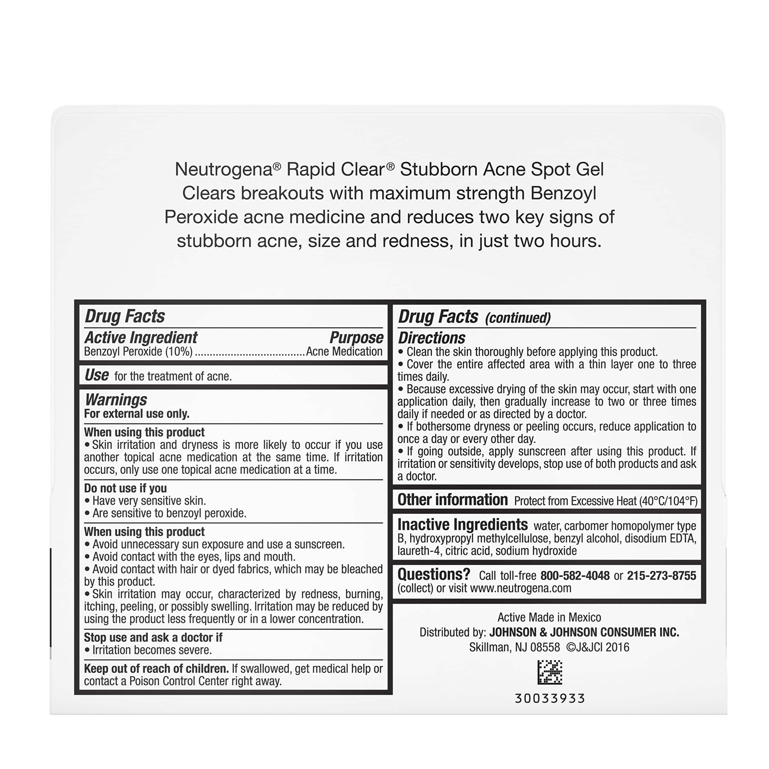 Neutrogena Rapid Clear Stubborn Acne Spot Treatment Gel, Maximum Strength 10% Benzoyl Per-oxide Treatment Medication for Acne Prone Skin, Pimple Cream Reduces Size & Redness, 1 oz