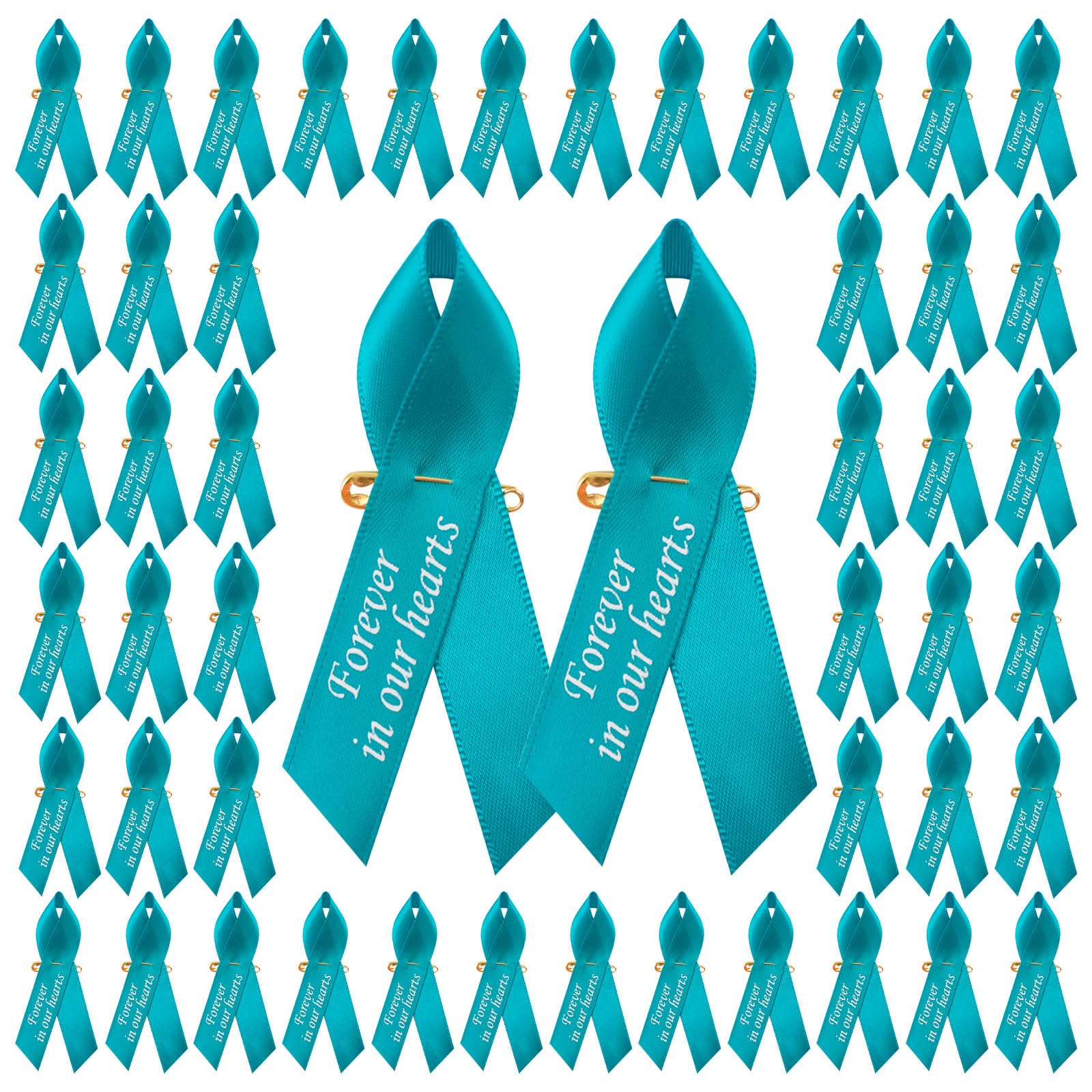 CRAFFANCY WANDIC 100pcs Teal Ribbon Pins Ovarian Cancer Awareness Badges Cervical Cancer Brooch Memorial Ribbon Badges in Forever in Our Hearts for Funeral Mourning Event Bereavement Remembrance