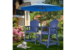 PatioPerk Tall Adirondack Chair Set of 2 with Double Connecting Tray, Recycled HDPE with Wood Grain, Weather Resistant, Outdoor Adirondack Chairs for Deck, Balcony, Patio, Backyard, Navy Blue