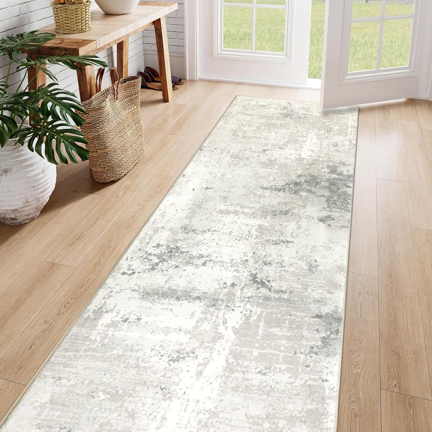 Cekene Abstract Carpet Runners Non-slip 65x240cm Faux Wool Runner Rugs for Hallway Machine Washable Low Profile Floor Carpet for Indoor Kitchen Bedroom Entrance(Beige)