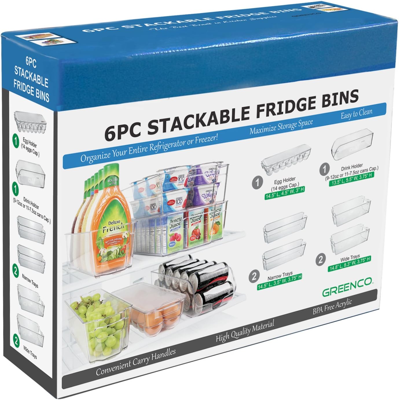 Greenco Fridge Bins, Stackable Storage Organizer Containers with Handles for Refrigerator, Freezer, Pantry and Kitchen Cabinets, BPA, Standard, Clear: Kitchen & Dining