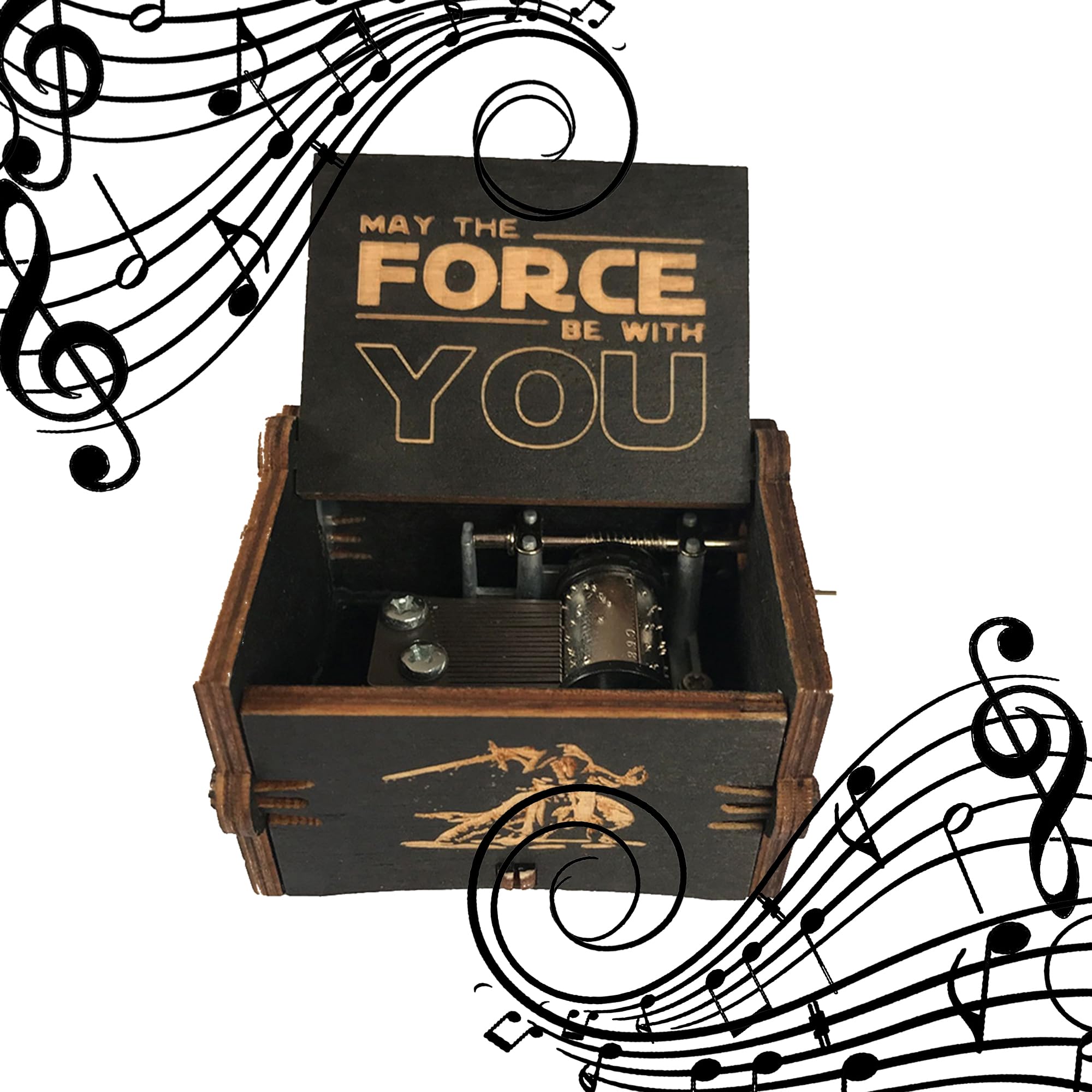 MINGZE Wooden Music Box - Hand Crank Musical Box, A variety of styles Hand Engraved Wooden Music Box, for Home Decoration Crafts Birthday Gift (Star Wars（black）)