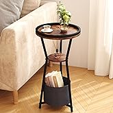 Yusong Round Side Table, Small Drink Table for Small Spaces, 3-Tier Industrial End Table, Accent Nightstand Bedside Table for Living Room, Bedroom, Sofa Couch, Rustic Brown