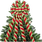WRAPAHOLIC Large Christmas Tree Topper Bow - 13 x 52 Inch Red and Green Glitter Christmas Tree Topper Ribbon Bow Wreath Bows with Wired Edge for Xmas Ornament Indoor Outdoor Decoration