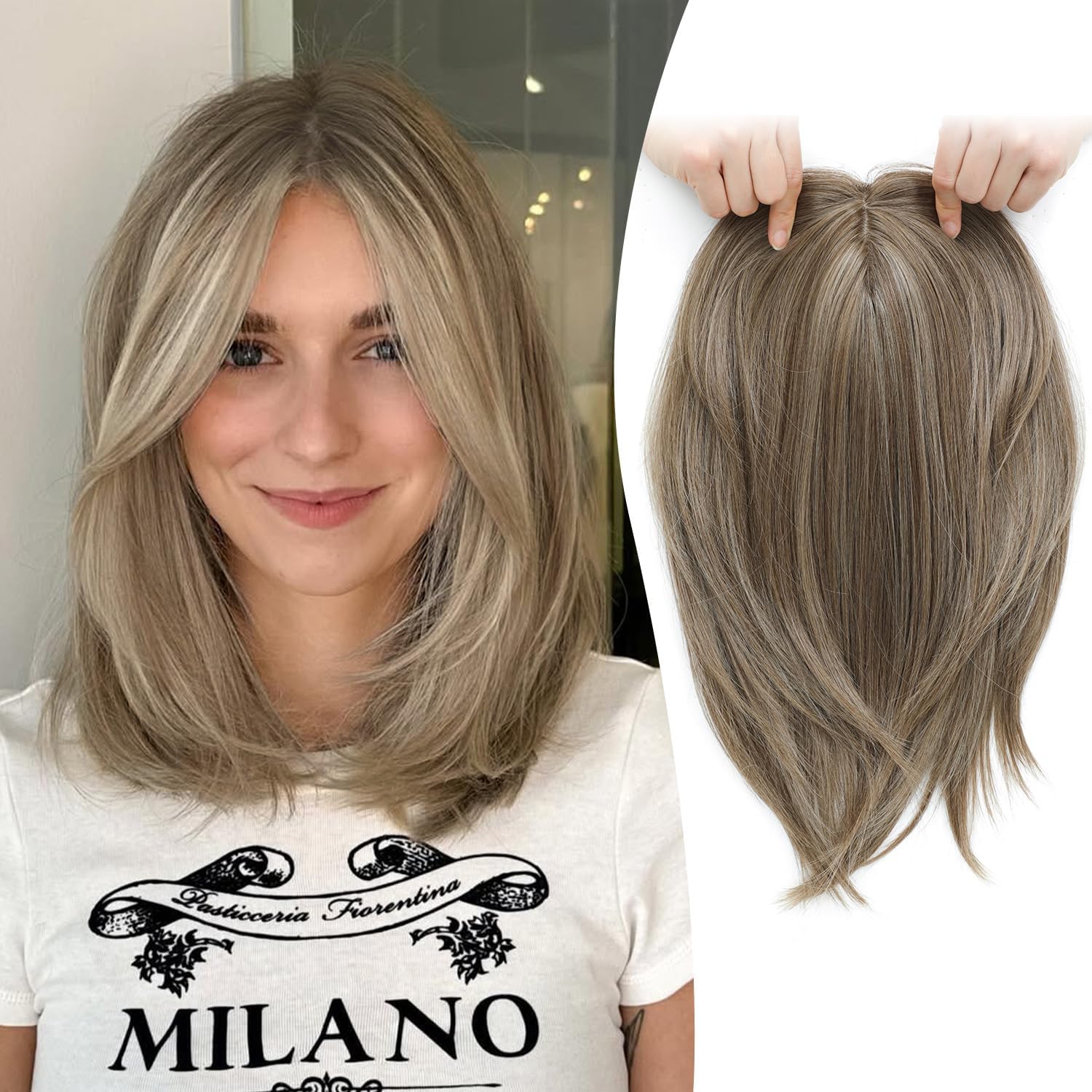 Hair Toppers for Women Adding Hair Volume, Short Bob Hair Topper with 6.5x6.5inch Big Base Clip in Wiglets with Fringe Fiber Hairpieces for Women with Thinning Hair(Ash Light Brown with Highlights)