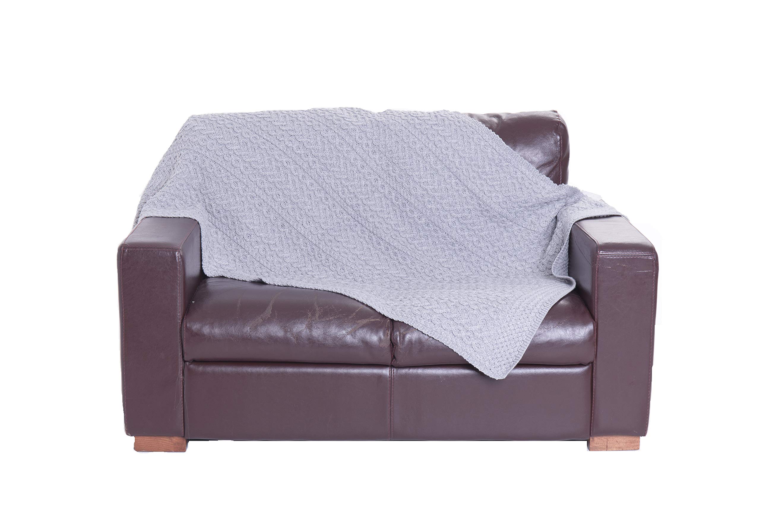 Aran Crafts Irish Cable Knit Wool Heart Pattern Throw Cover Blanket (X4944-SGRY)