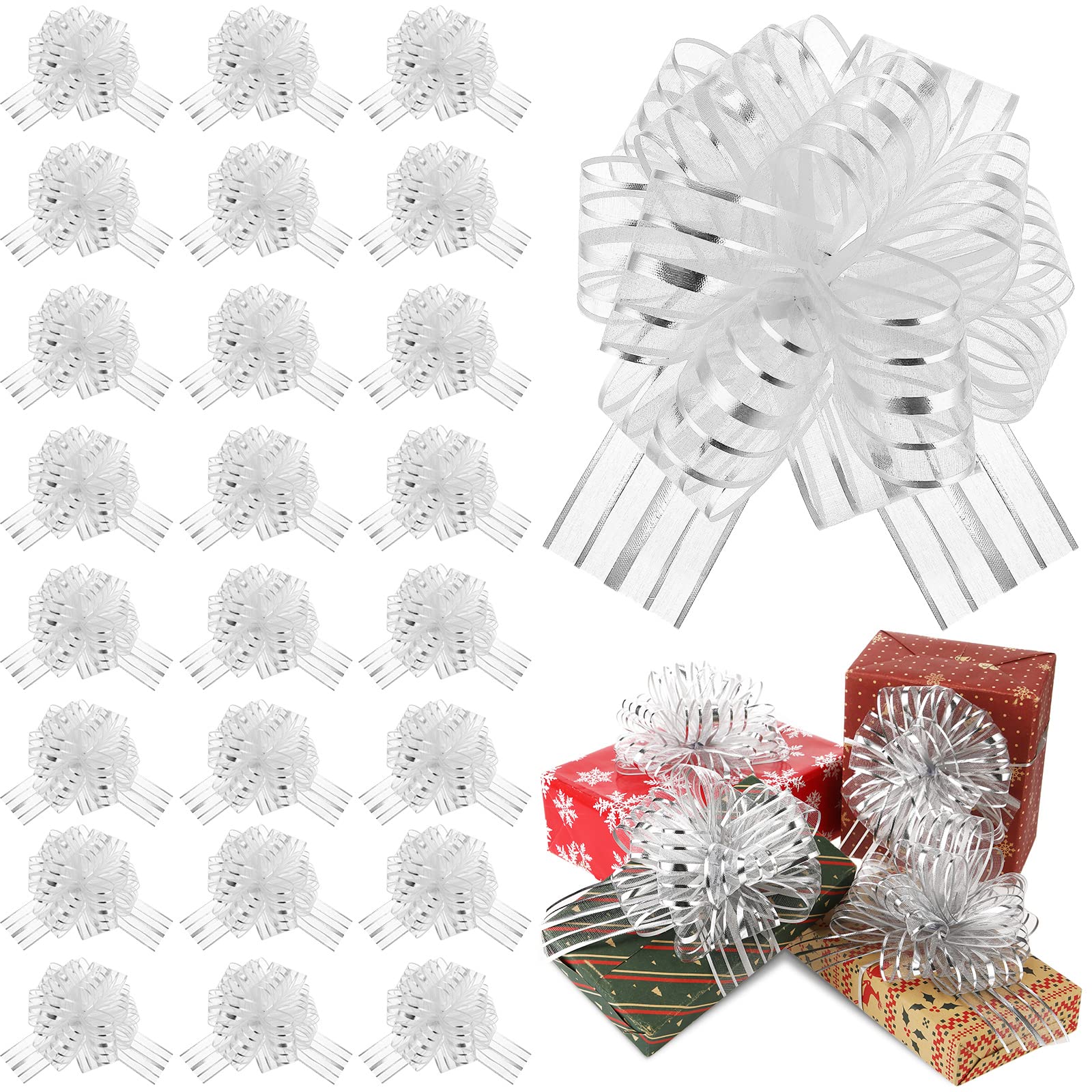 Poen 12 Pieces Pull Bow Large Organza Gift Wrapping Pull Bows with Ribbon for Wedding Gift Baskets (White, 8 Inch)