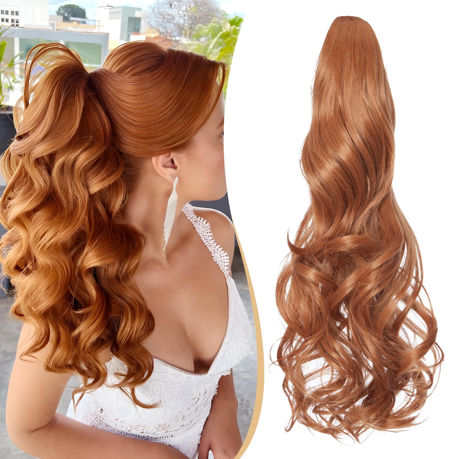 Benehair Claw Clip in Ponytail Hair Extensions 18 Inches Long Curly Wavy Ponytail Extensions Synthetic Ponytail Middle Brown Hair Pieces for Women(Middle Brown, 140g)