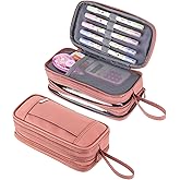 NOL Natural Organic Lifestyle Large Capacity Pencil Case Zipper Pencil Purse 3 Compartment Pencil Pouch Office Stationery Organizer Multi-functional Pencil Bag for School Girl Boy Adults - Dark pink