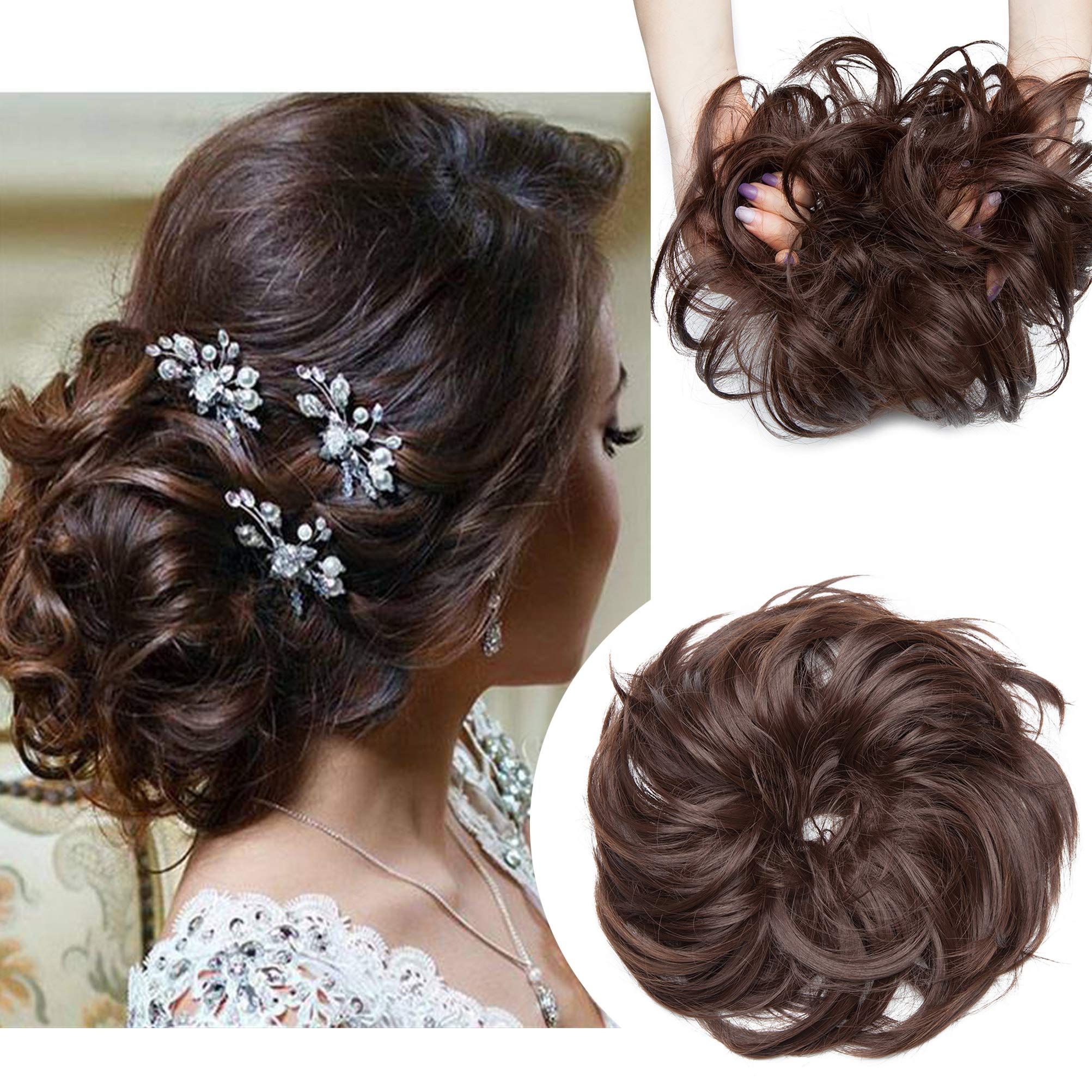 Large Messy Bun Scrunchie Hair Piece Elastic Updo Cover Hair Extension Instant Ponytail Curly 80g 1pc Tousled Synthetic Hairpiece Thick Hair Donut Medium Brown