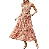 PRETTYGARDEN Women's Summer Floral Maxi Sun Dress Sleeveless Halter Neck Flowy Ruffle Hem Long Boho Dresses with Belt