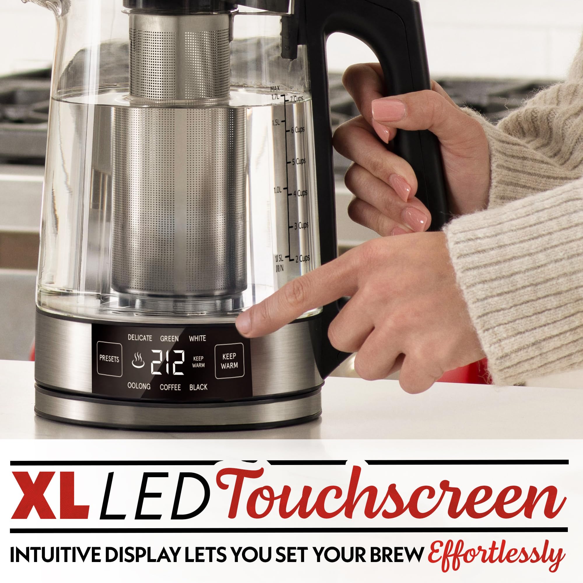 Gourmia Hervidor de vidrio digital programable - Hervidor eléctrico de temperatura ajustable de 1,7 L con 6 preajustes, mantiene caliente, infusor de té de acero inoxidable, base giratoria de 360°, negro