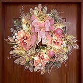 22inch Christmas Pink Wreath for Front Door with 30 LED Lights,Elegant Magnolia Christmas Door Wreath,Festive Holiday Decor, Frosted Winter Pink Decorations for Wedding