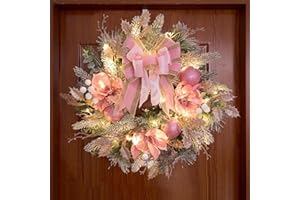 VOFULY 22inch Christmas Pink Wreath for Front Door with 30 LED Lights,Elegant Magnolia Christmas Door Wreath,Festive Holiday Decor, Frosted Winter Pink Decorations for Wedding