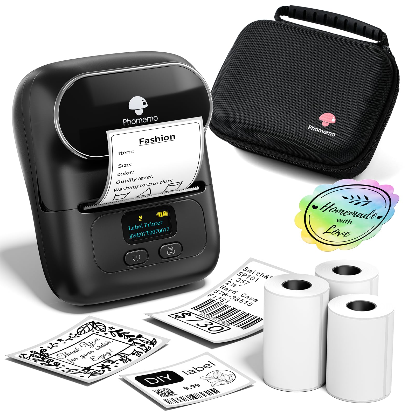 Phomemo Label Maker with 3 Roll Labels and Bag, Barcode Label Printer for Small Business, Logo Office, School, Home, Sticker Printer Compatible with Phones & PC