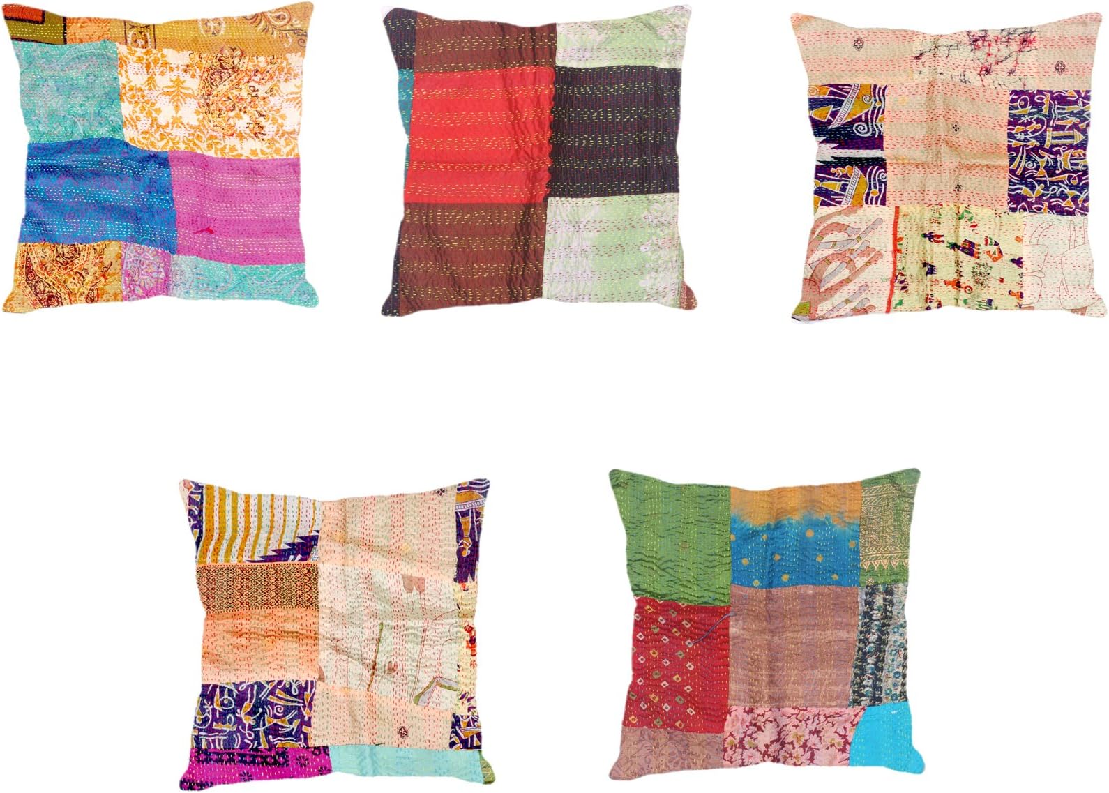 Indistar Set of 5 Throw Pillow Cover | Silk Patchwork Cushion Covers with Traditional Indian Kantha Work | Decorative Cushion Covers, 16 x 16 Inch-93100-502-IW-P5