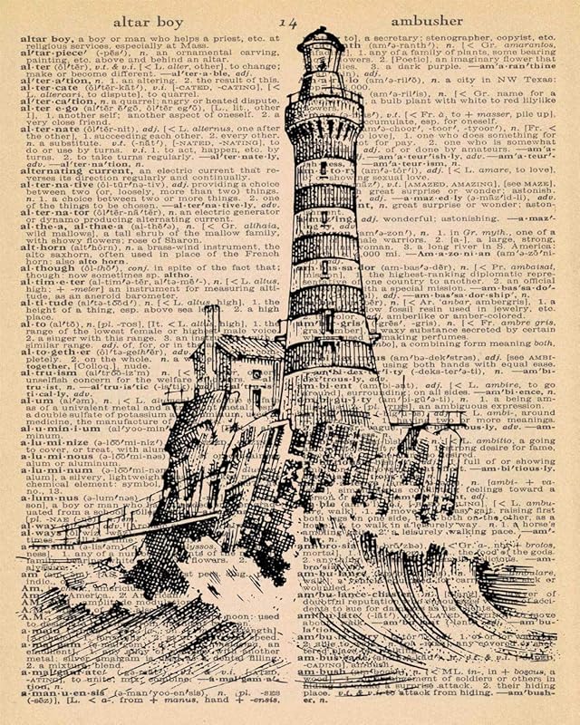 Lighthouse Dictionary Wall Art Prints - Ocean Decor Vintage Print Dictionary Wall Art Pictures Paintings UnFramed…