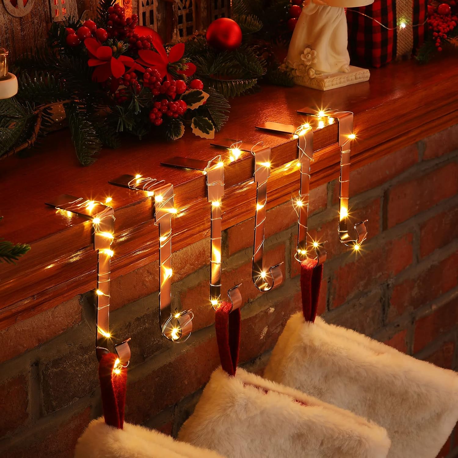 Ornament Hooks - Zhengmy 6 Pcs Christmas Stocking Holder with String Fairy Lights No Slip Metal Xmas Hooks for Fireplace (Copper)