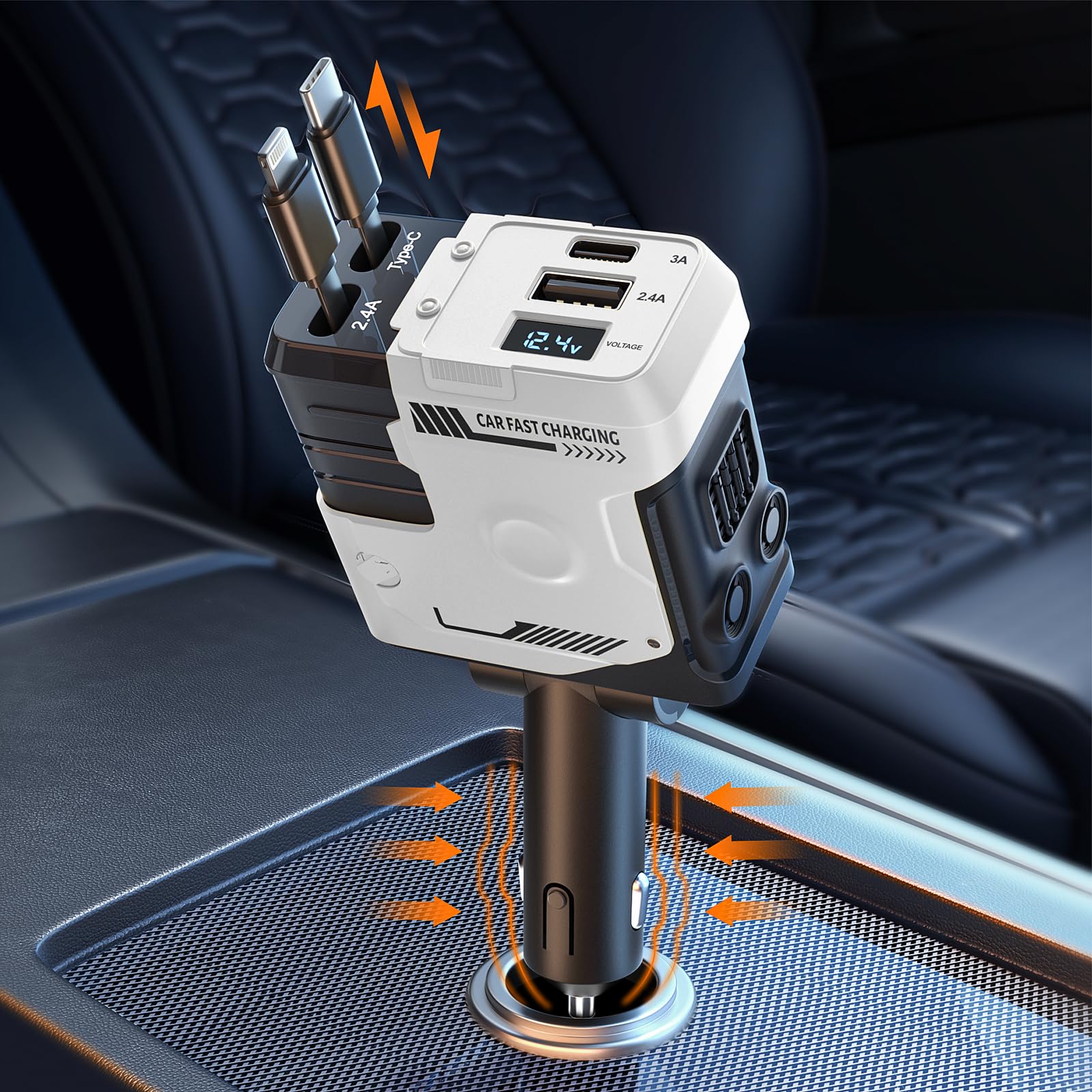 Retractable Car Charger with Retractable Cables