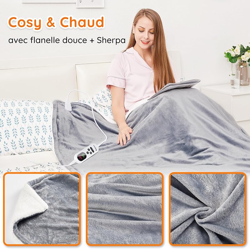 Couverture électrique chauffante, avec arrêt Automatique, 10 Niveaux de Chauffage Jusqu’à 9 Heures, Protection Contre la surchauffe, certifiée ETL, pour lit, en Flanelle, Chauffage Rapide