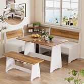 PAKASEPT Corner Breakfast Nook Table Set Kitchen Bench with Soft Cushion | White&amp;Brown Wood Dining Set,Reversible L-Shaped Corner Bench,Lift-Top Hidden Storage,Soft Padded Cushions,Space-Saving Design