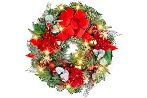 Vofuly Christmas Wreath for Front Door,22 Inch Luxury Red Gold Holiday Door Christmas Wreath, for Holiday and Decoration,Farmhouse Christmas Wreath with Hydrangea and 20 LED Lights
