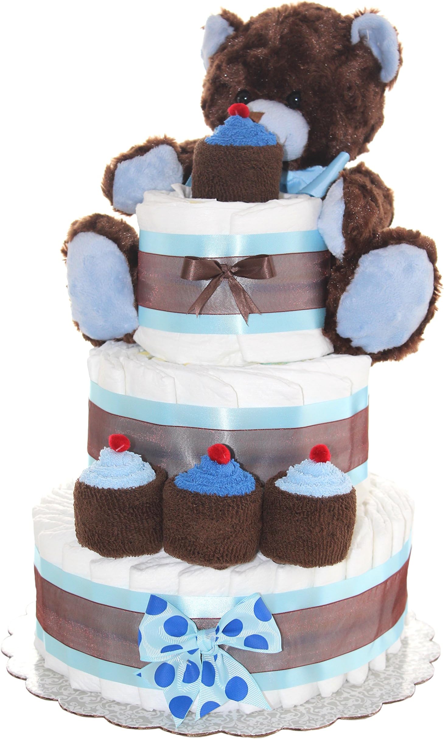 Newborn Diaper Cake 3 Tier- Brown Teddy Bear Classic Diaper Cake / Baby Boy Gift (Brown-Blue)