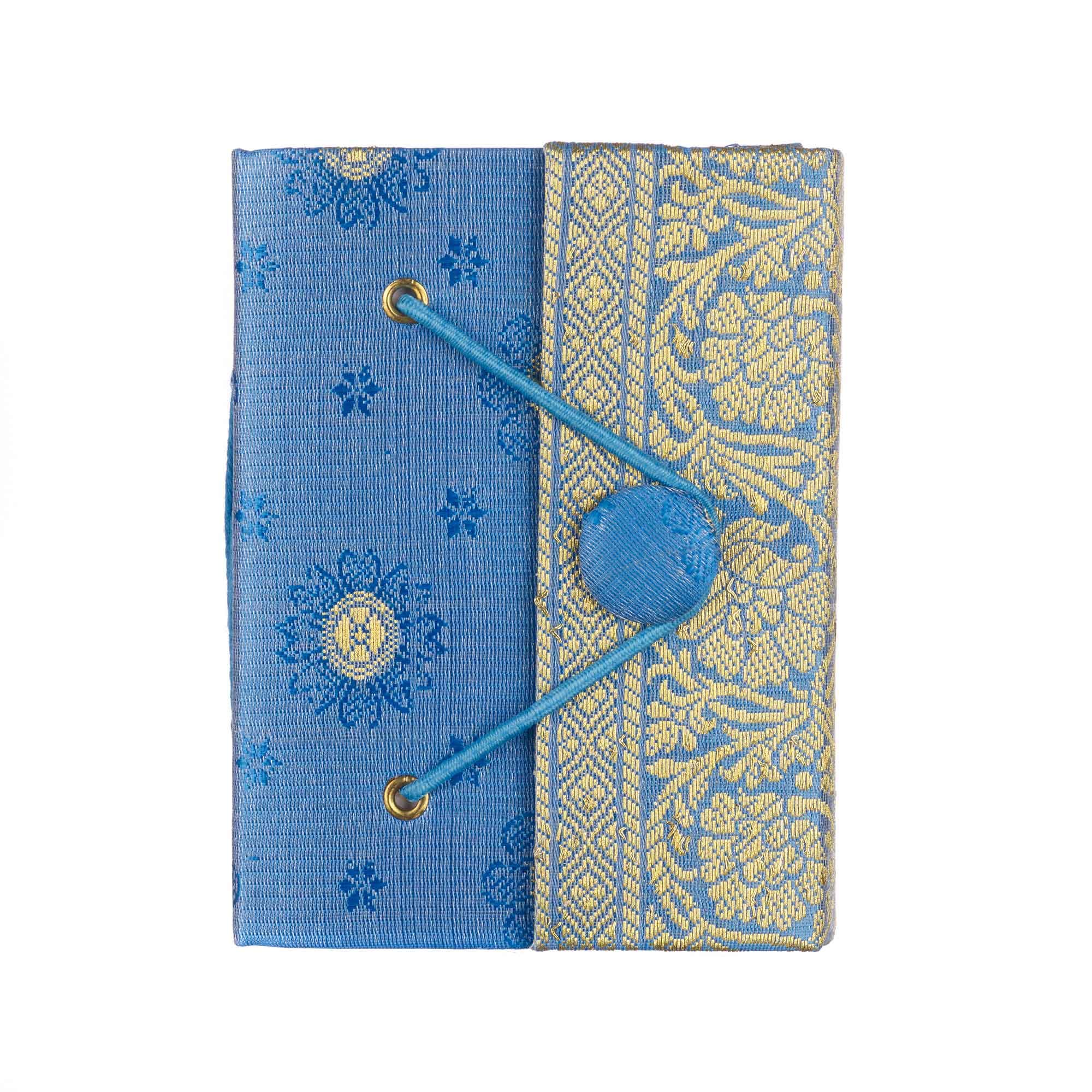 Sari Journal Mini 8cm x 10cm - Blue - Unlined Recycled Paper - Elastic Closure - Pocket Notebook and Diary - Indian Stationery Gift - for Men Women Students - Sari Fabric
