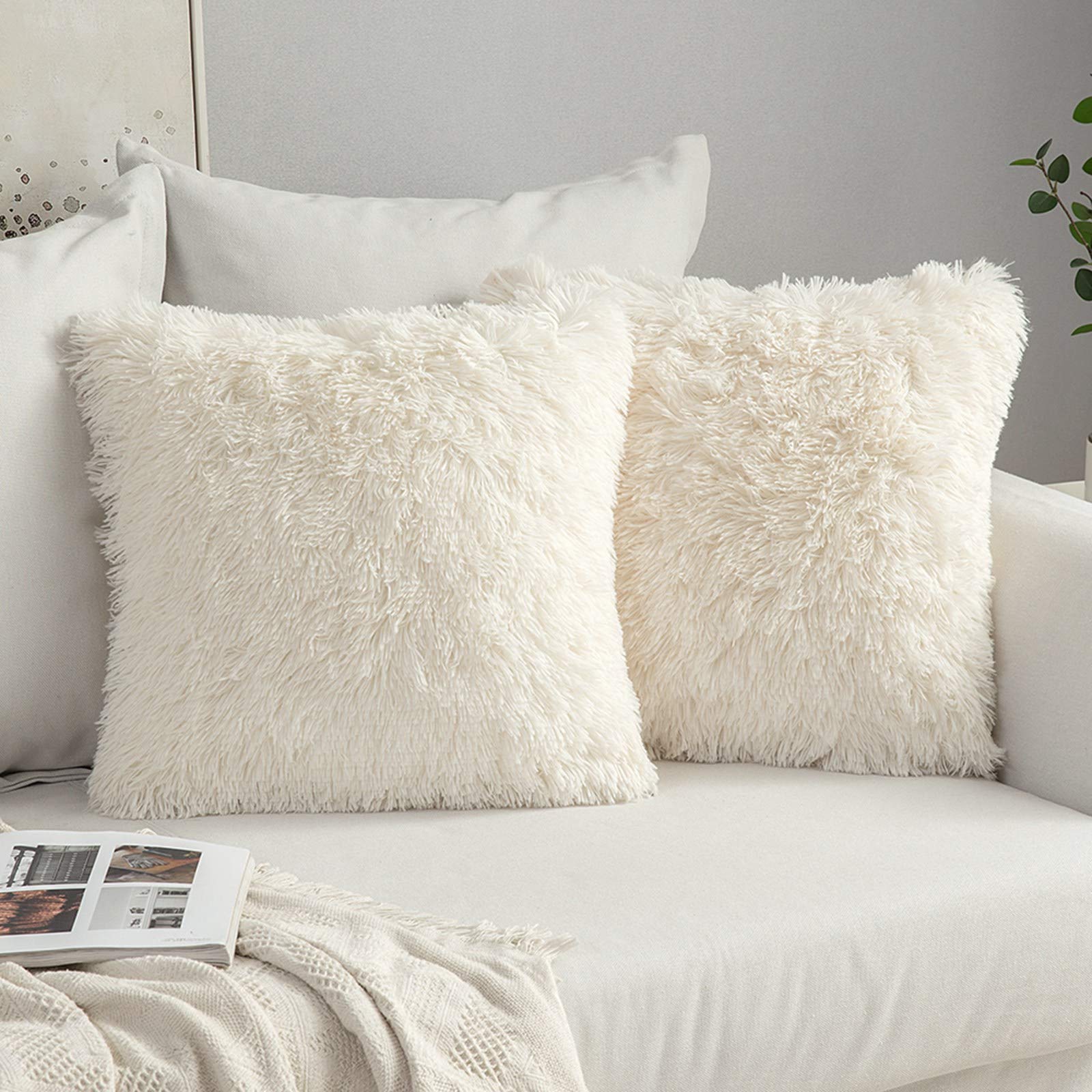 MIULEE Pack of 2 Faux Fur Throw Pillow Cover Fluffy Soft Decorative Square Pillow covers Plush Case Faux Fur Cushion Covers For Livingroom Sofa Bedroom 20 x 20 Inch 50 x 50 cm Cream white