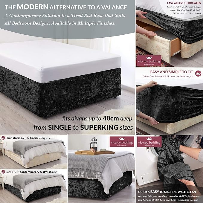 viceroy bedding BED WRAP Crushed Velvet Divan Bed Base COVER Alternative to Valance Sheet Skirt